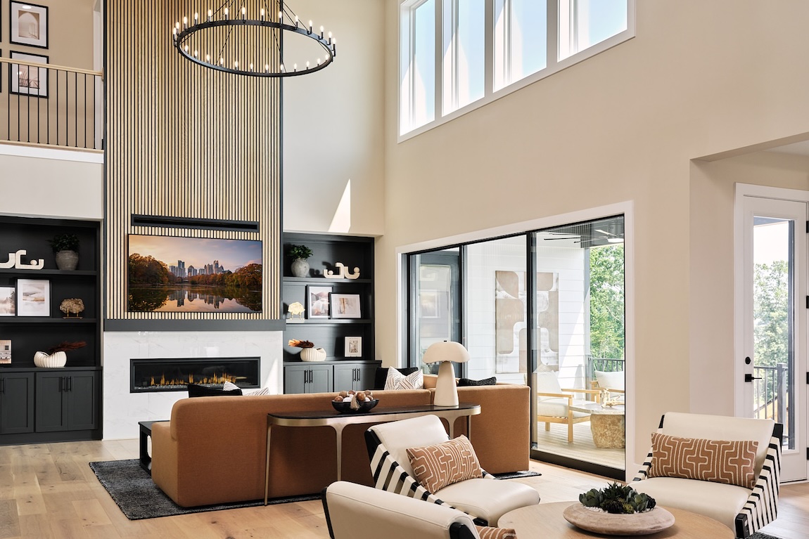 modern living room with accent fluted mantel and fireplace