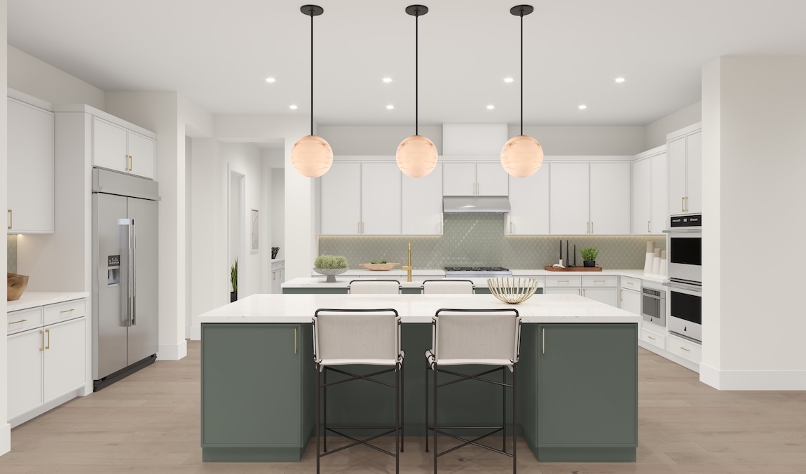 modern kitchen with double islands with green cabinetry