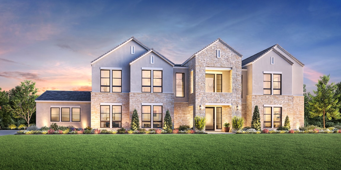 exterior of home with exterior lighting and large windows