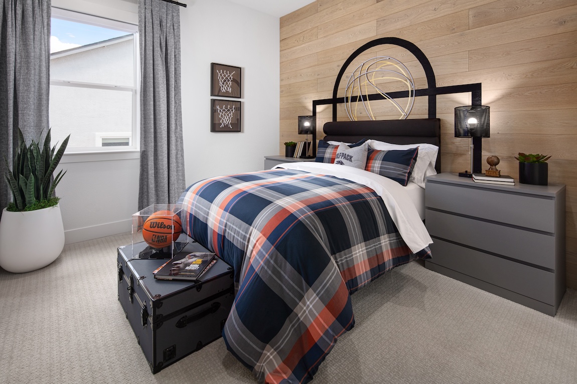 Unique basketball-themed bedroom with wall art, court accent wall and encased basketball