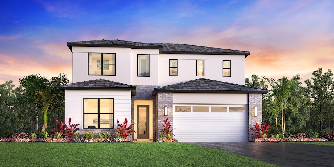 exterior of modern home with black trimming and vibrant lighting