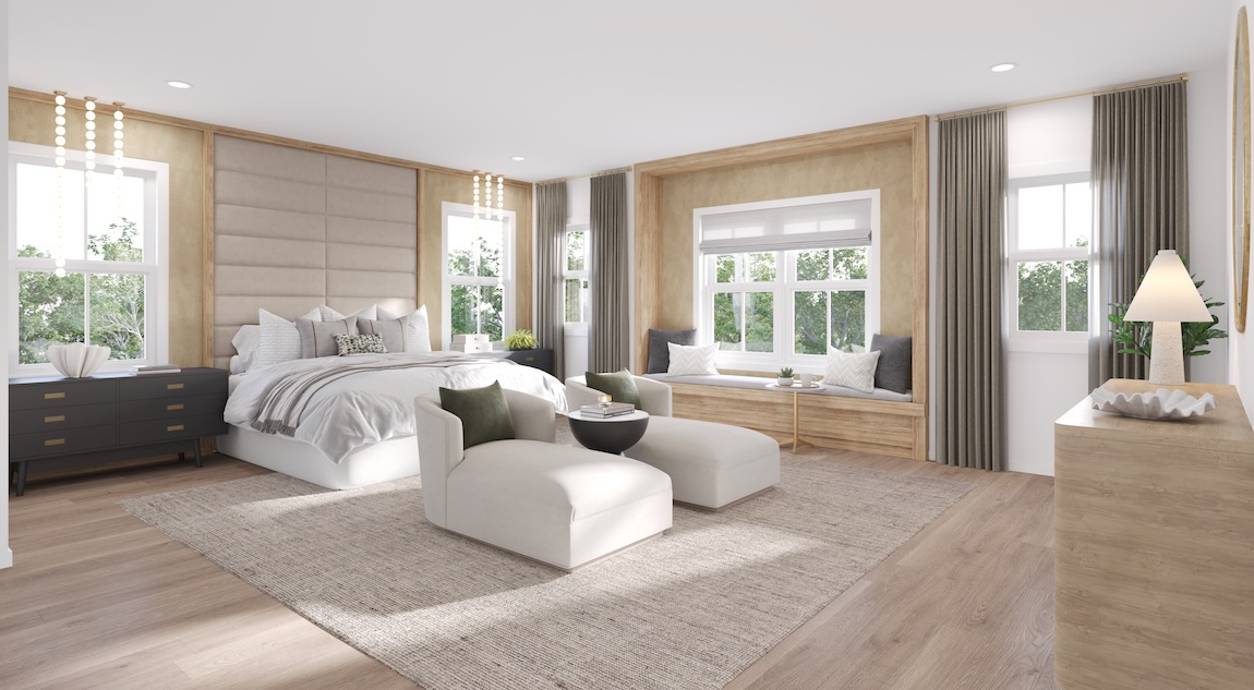 primary bedroom with wooden accents and lounge seating