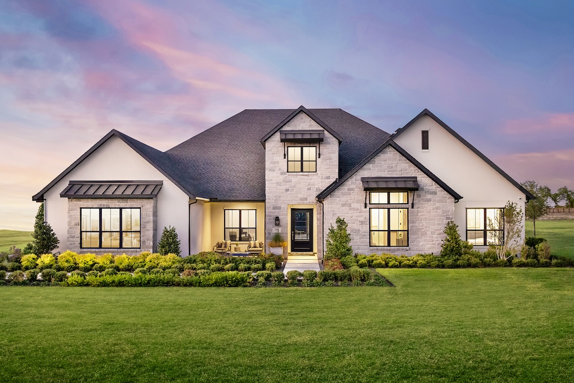 Texas hill country home design featuring distinctive features such as Texas limestone siding, porch, metallic rafters, and luxe landscaping