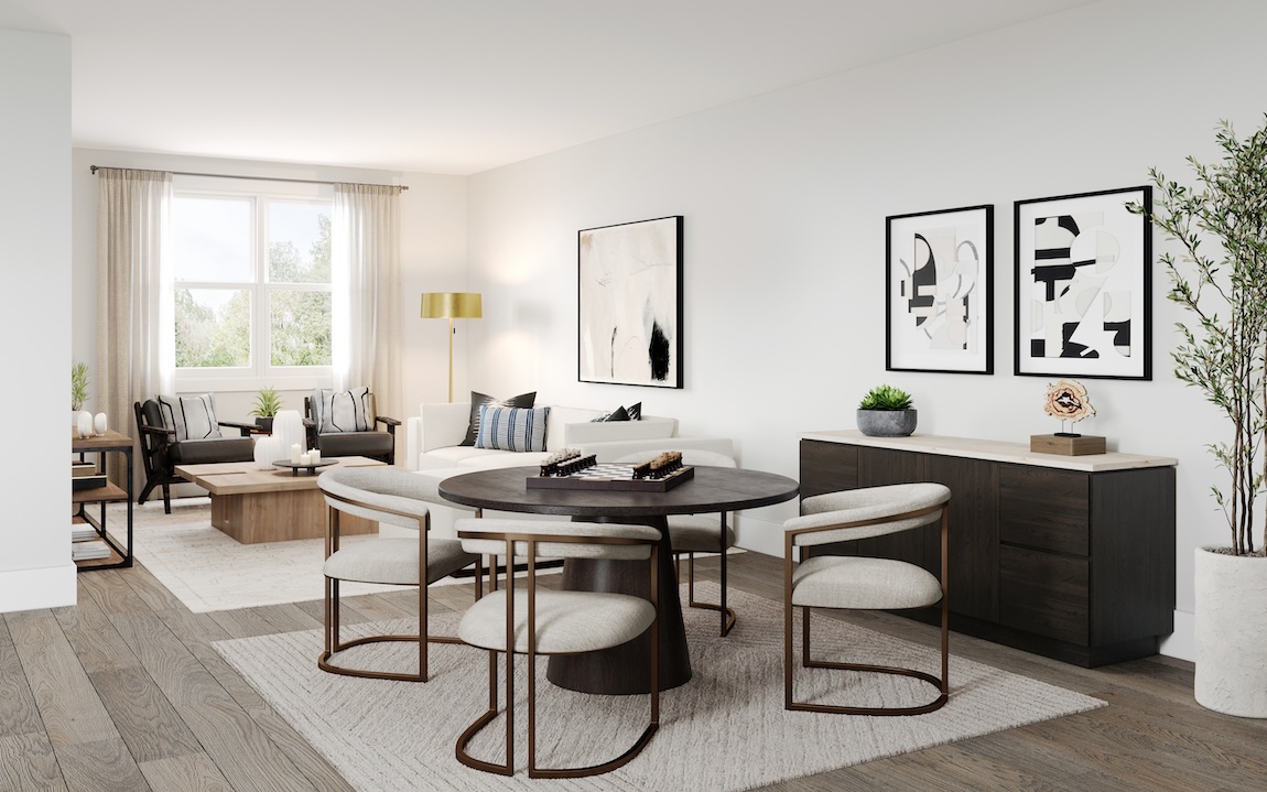 modern dining table with unique seating and intriguing artwork.