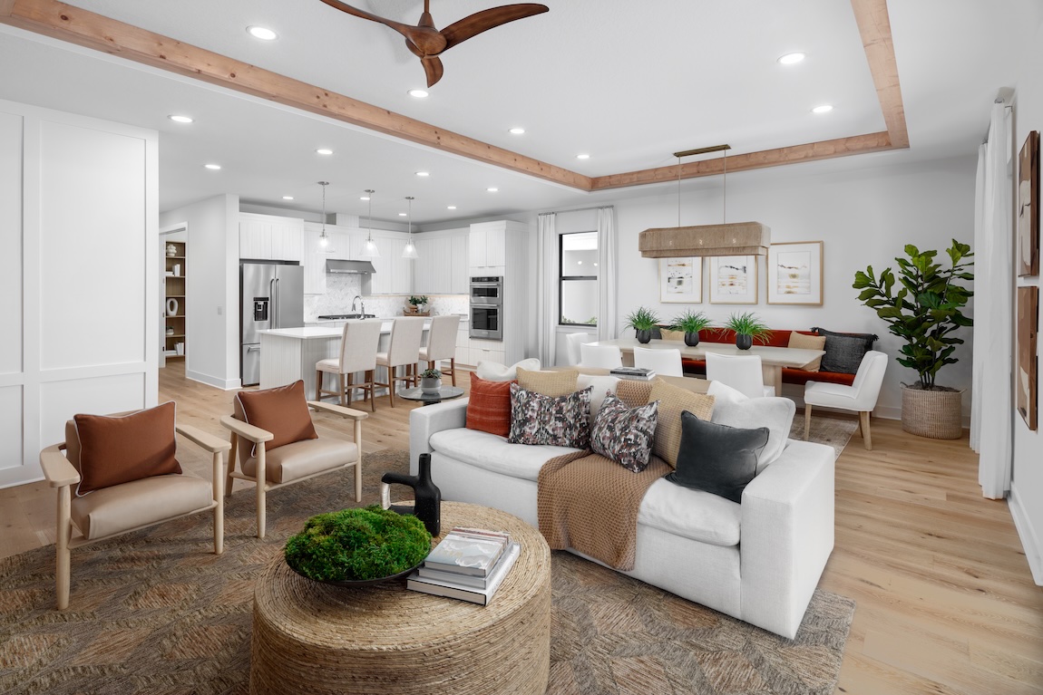 modern living room with wood beam ceiling and open concept living