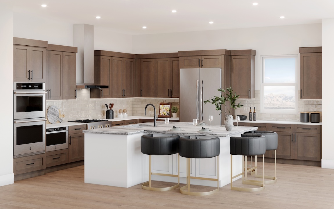 Warm transitional kitchen with rich wood cabinetry, white island with seating, marble countertops, and brass-accented bar stools.