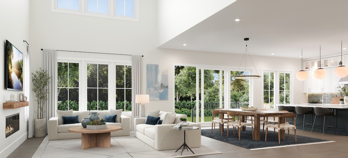 Cool transitional open-concept great room and dining area with neutral sofas, wood dining table, expansive windows, and soft layered textures.