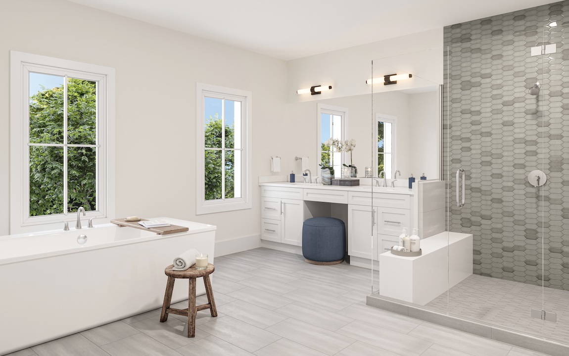 Cool transitional primary bathroom with freestanding soaking tub, glass walk-in shower with textured tile, and dual vanity.
