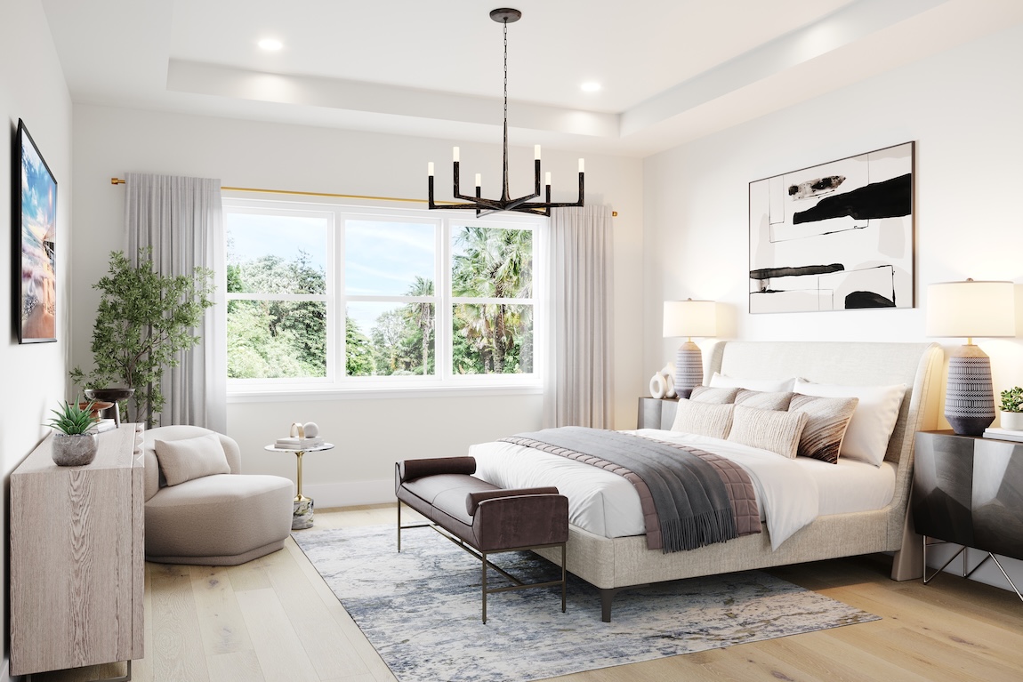 Warm contemporary primary bedroom with upholstered bed, layered neutral bedding, wood accents, and modern chandelier.