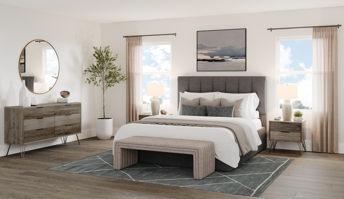 Neutral guest bedroom with upholstered bed, bench seating, wood nightstands, and soft natural light from dual windows.