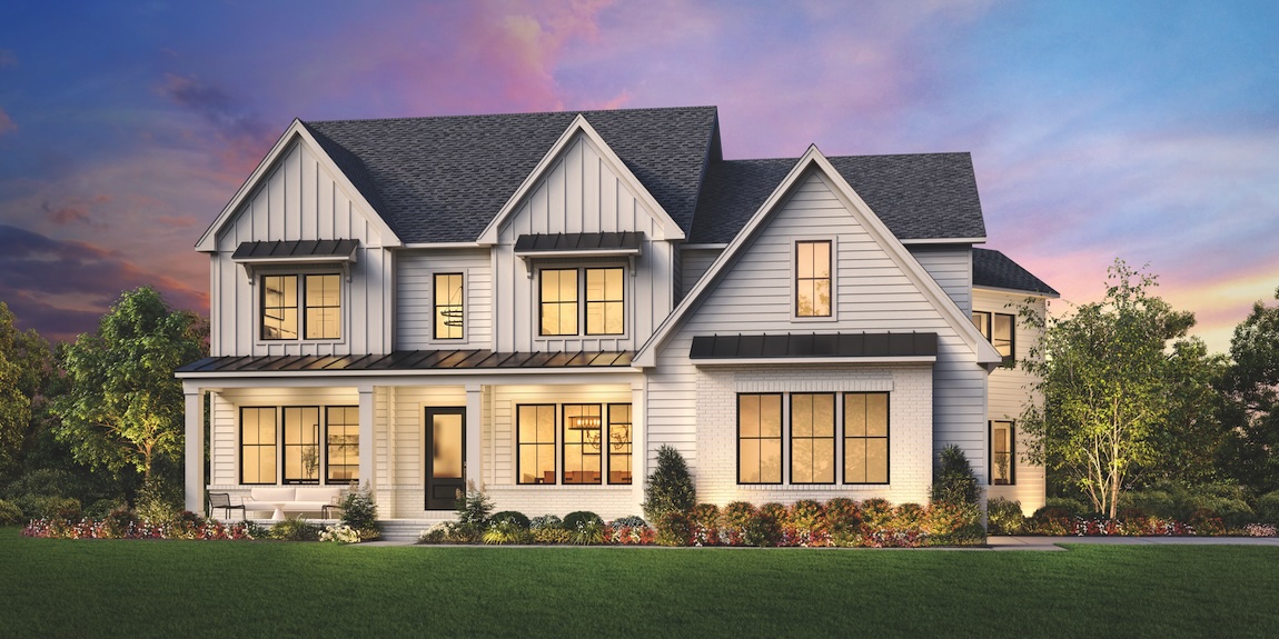 Exterior of modern farmhouse with black and white detailing.
