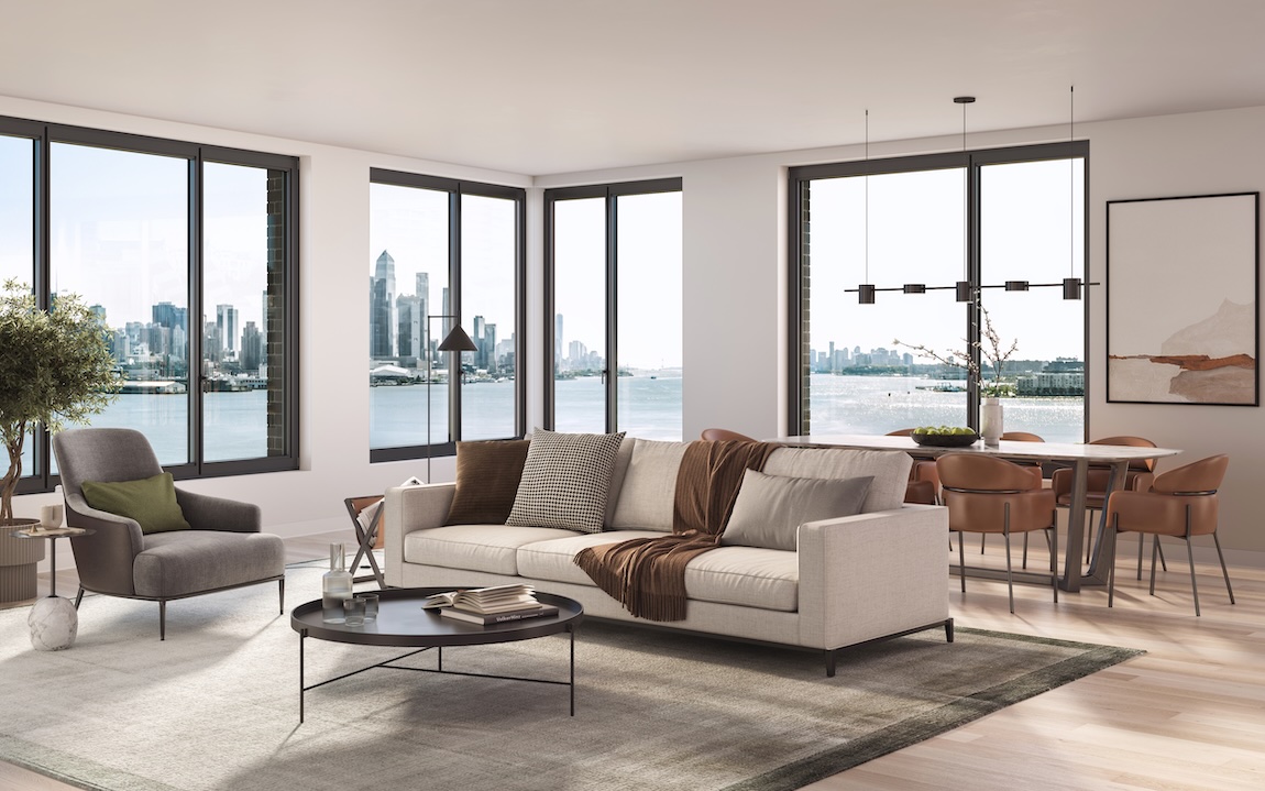 modern living room with sofa and river views.