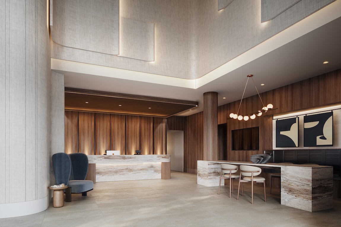 modern lobby of condominium complex with desk space