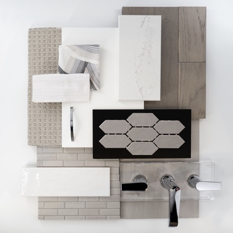 Cool contemporary material board featuring light wood cabinetry, white quartz, gray tile, textured fabrics, and polished chrome fixtures.