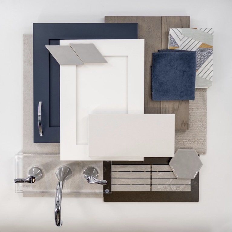 Cool transitional design board with soft gray cabinetry, white stone surfaces, mixed neutral textiles, and brushed chrome plumbing fixtures.