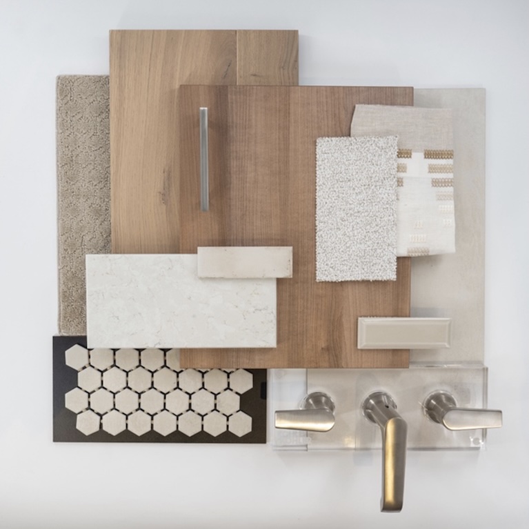 Modern mid-century palette featuring walnut-toned wood, geometric tile, textured neutrals, and warm metallic hardware.