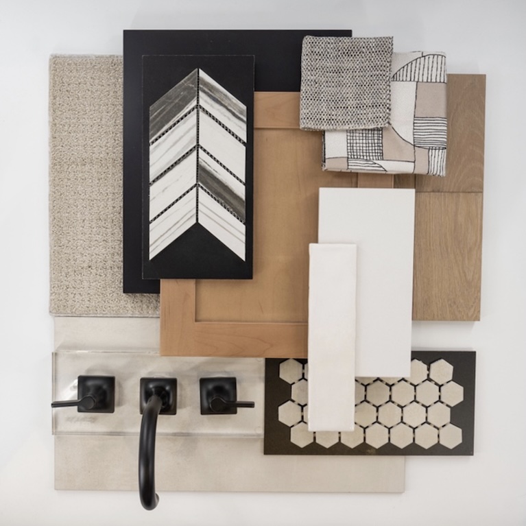 Modern Art Deco material palette showcasing warm wood tones, graphic tile patterns, layered neutrals, and matte black bathroom fixtures.