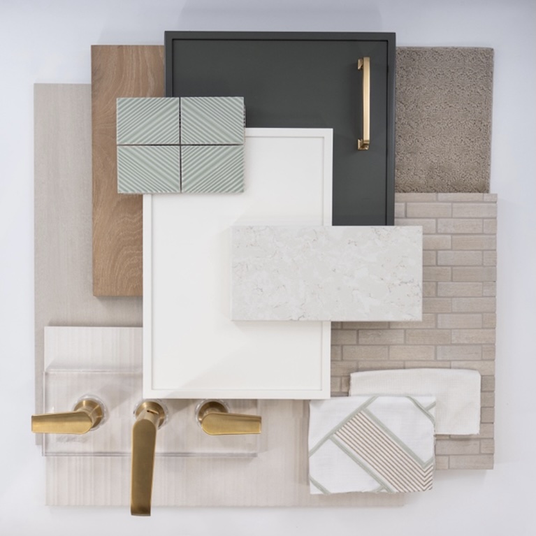 Modern organic material board with natural wood finishes, soft stone surfaces, textured fabrics, hex tile, and brushed brass fixtures.