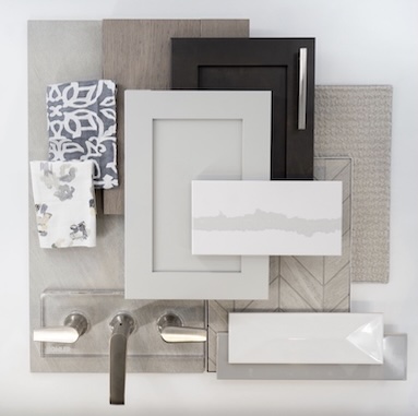 Classic Farmhouse palette combining gray cabinetry, white stone, subtle patterned tile, neutral textiles, and warm metal accents.