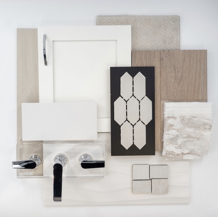Warm contemporary design board featuring rich wood cabinetry, layered neutral materials, geometric tile accents, and matte black fixtures.