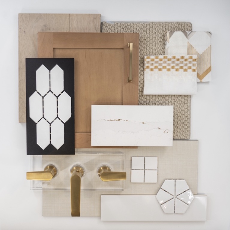 Modern farmhouse design board with warm wood cabinetry, white quartz countertops, woven textiles, hex tile accents, and brushed brass fixtures.