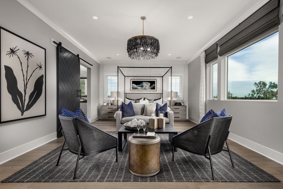 primary bedroom with black barn door and natural light