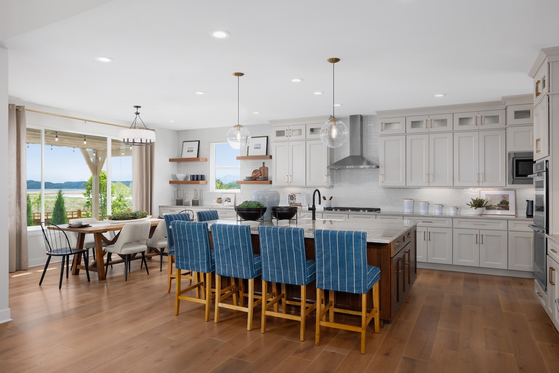 modern kitchen with blue striped chairs