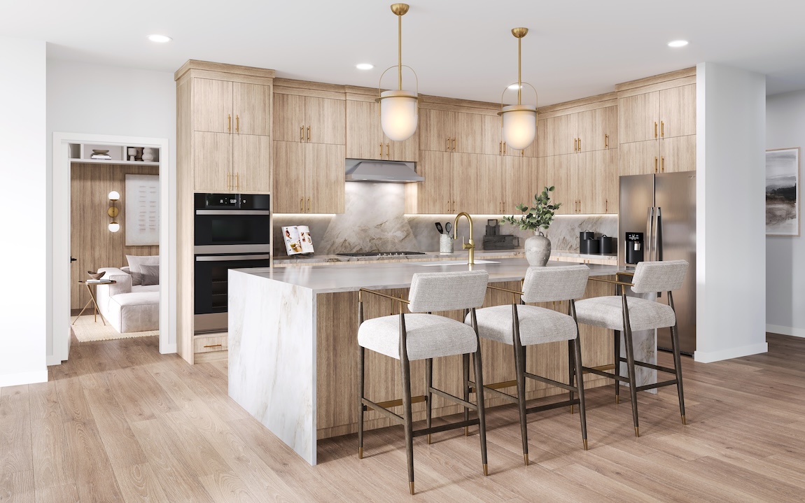 modern kitchen with wooden cabinetry and a waterfall island.