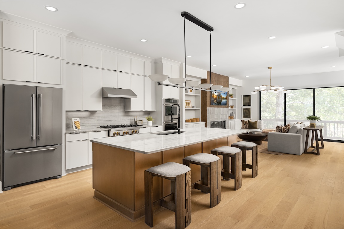 modern kitchen with wooden seating and a marble countertop