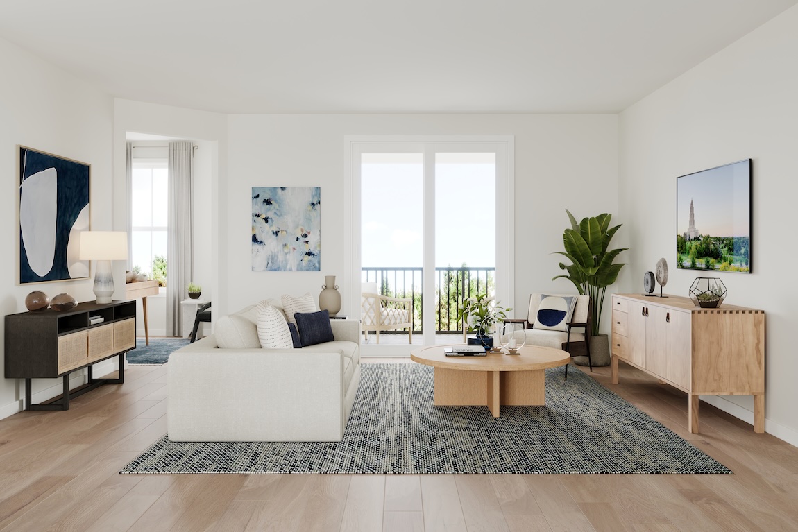 modern great room with a neutral color palette.