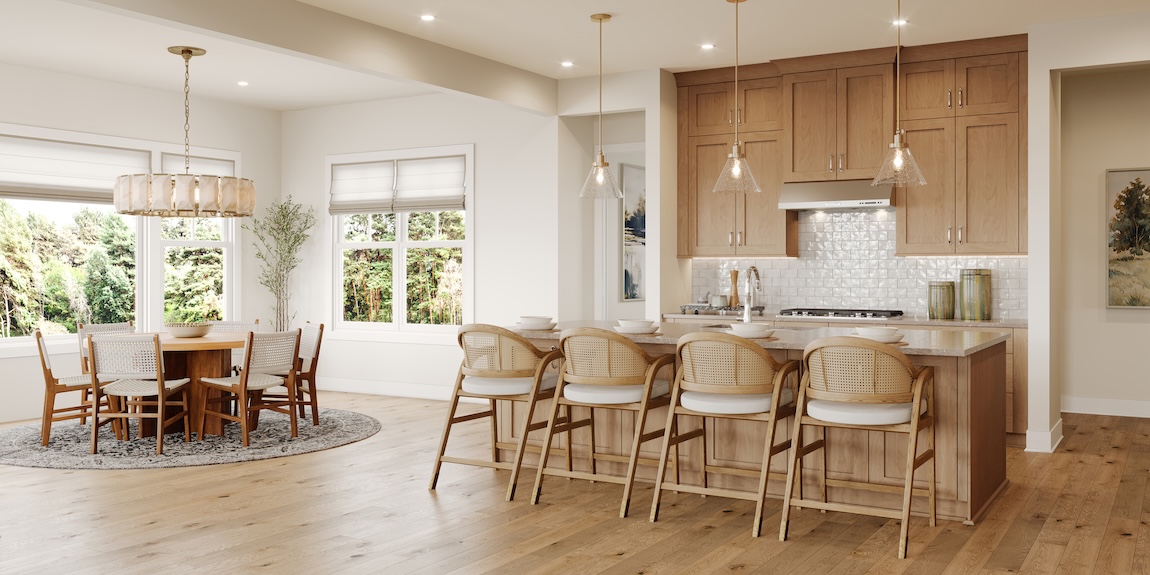 modern kitchen with a large island and dining space.