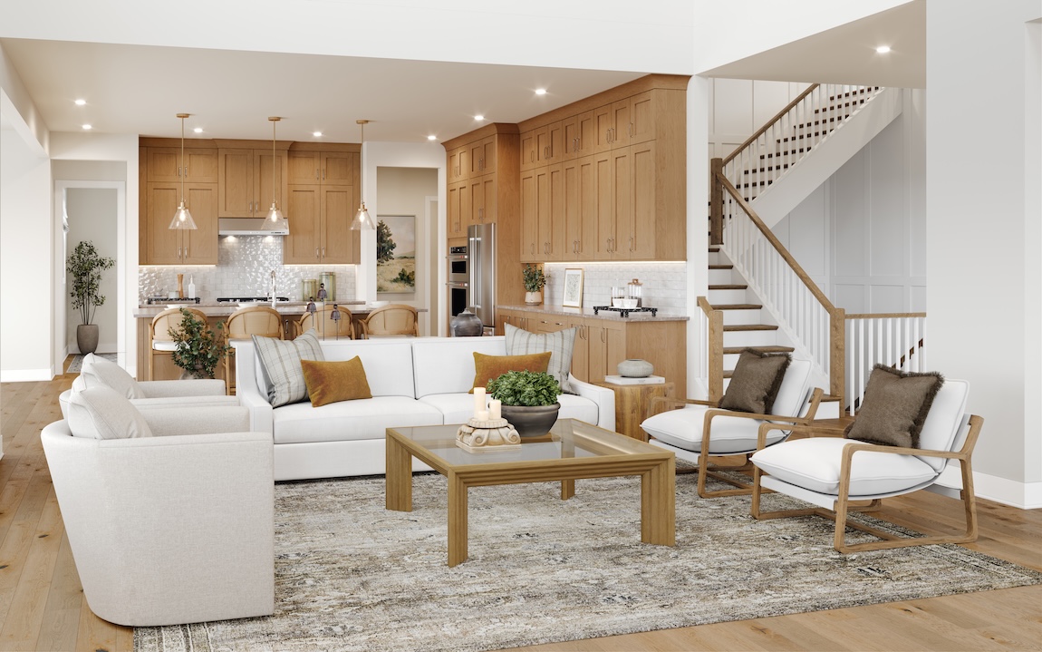 modern living room with wooden cabinetry and white furniture.