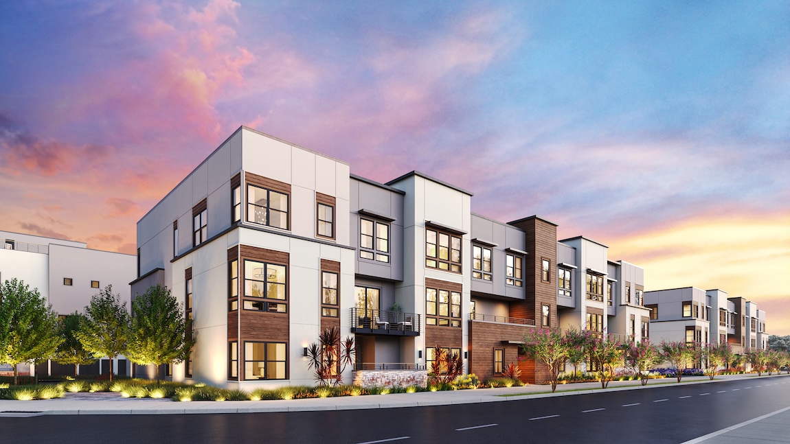 exterior of modern townhomes and condos.