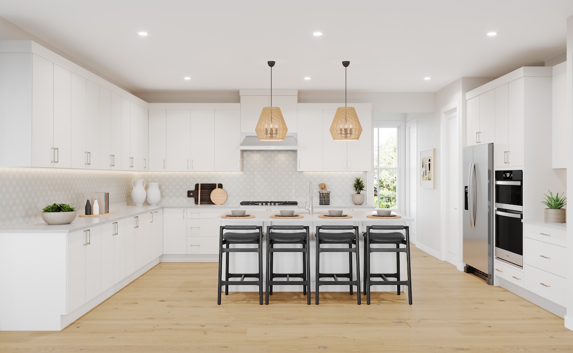 modern kitchen with white features and a patterned backsplash