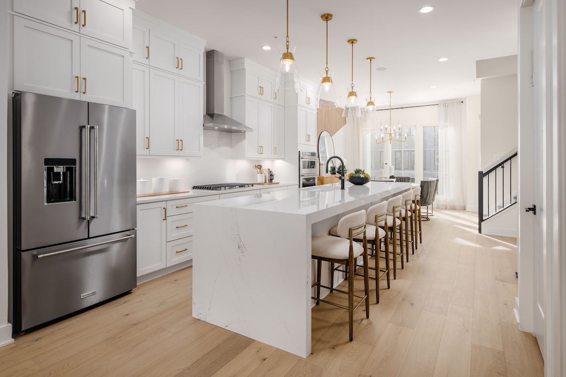 modern kitchen with waterfall island