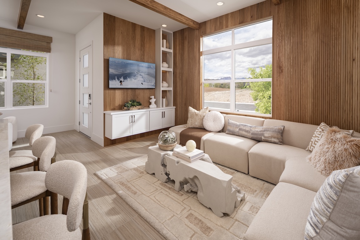 Modern living room and kitchen with wooden walls