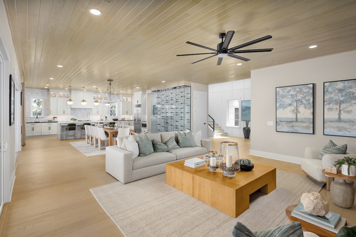 modern living room and kitchen with wine wall