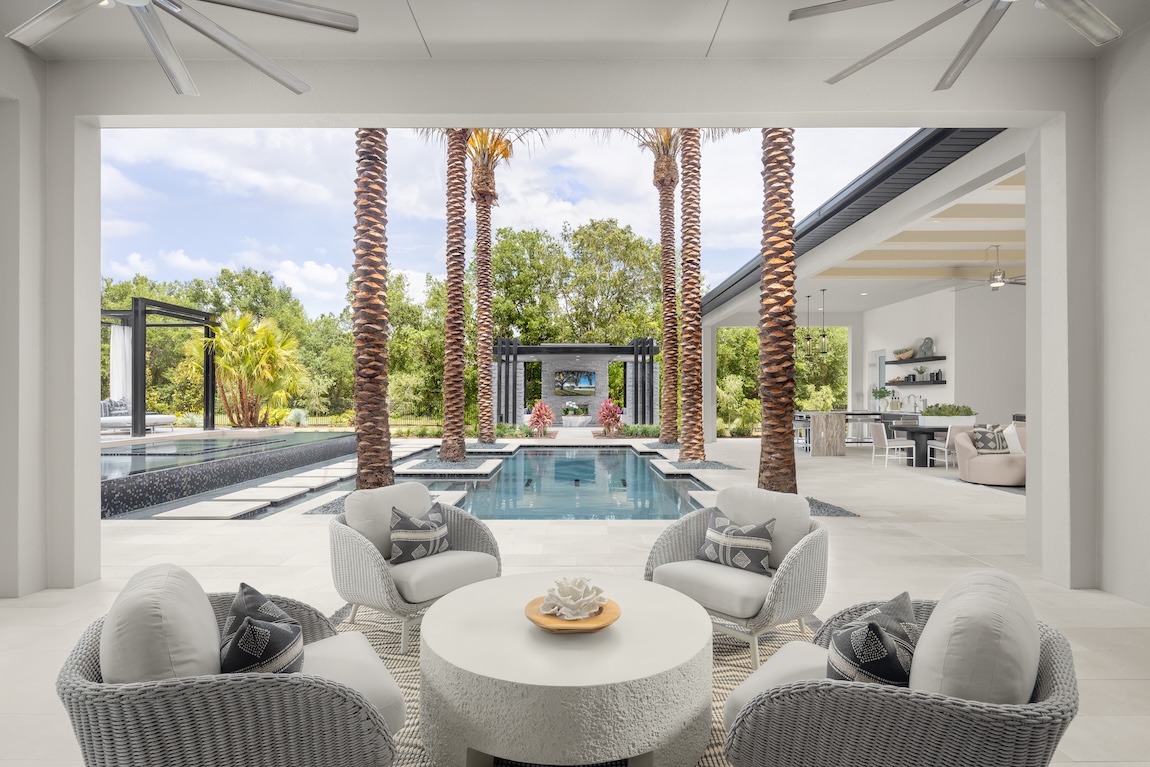 outdoor living space with seating and pool
