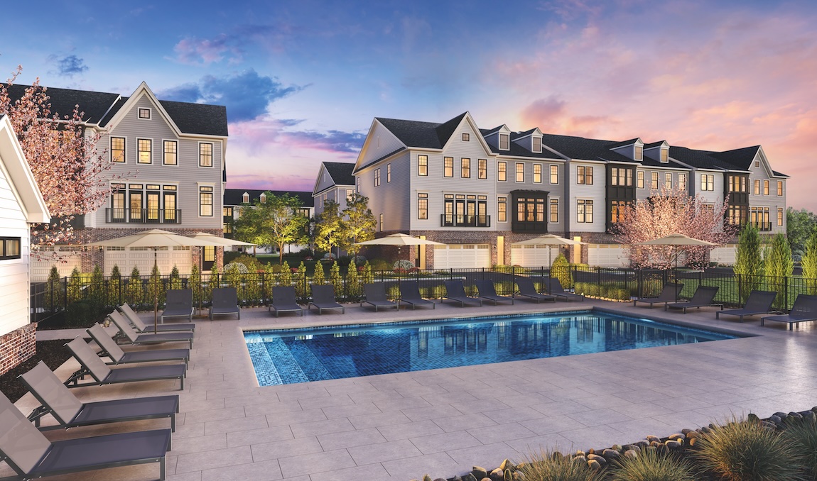 exterior of townhomes and pool lounge space.