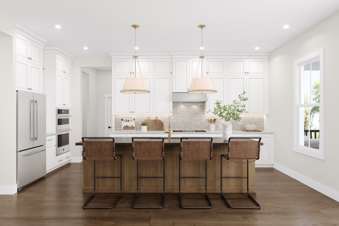 modern kitchen with white cabinetry and wooden accents