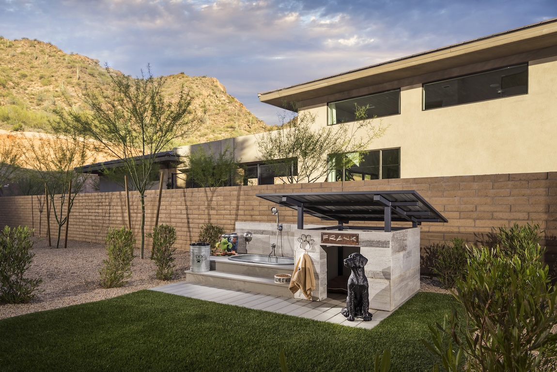 Pet-friendly backyard with a built-in dog wash station and shaded doghouse.
