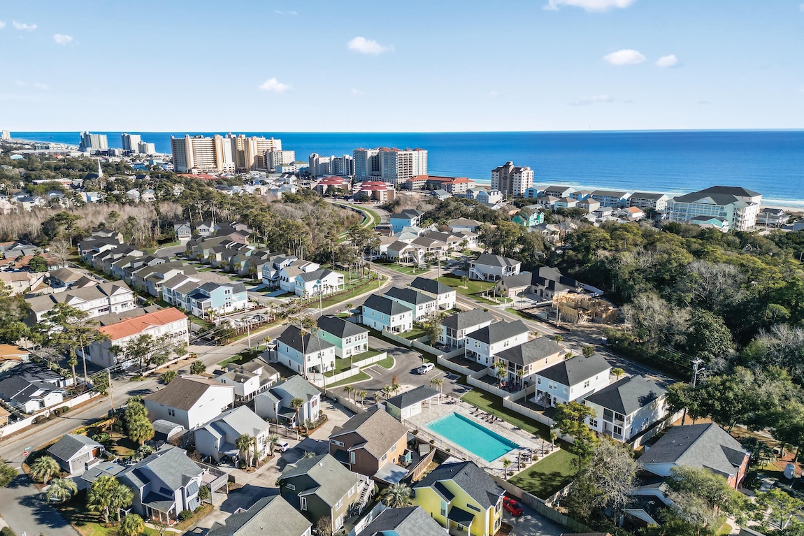 aerial view of community with ocean views.