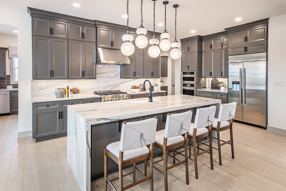 modern kitchen with waterfall island