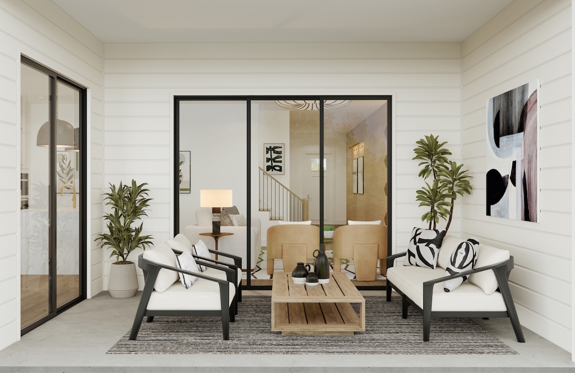 covered outdoor patio with glass doors to the living space