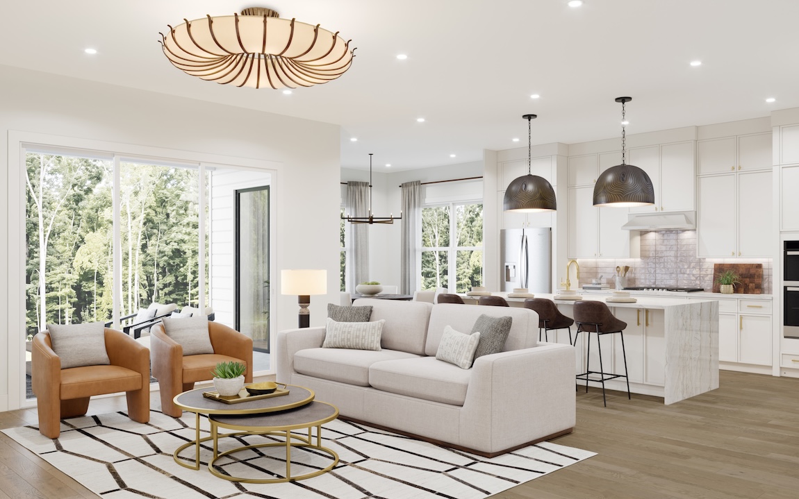 great room and kitchen with statement chandelier
