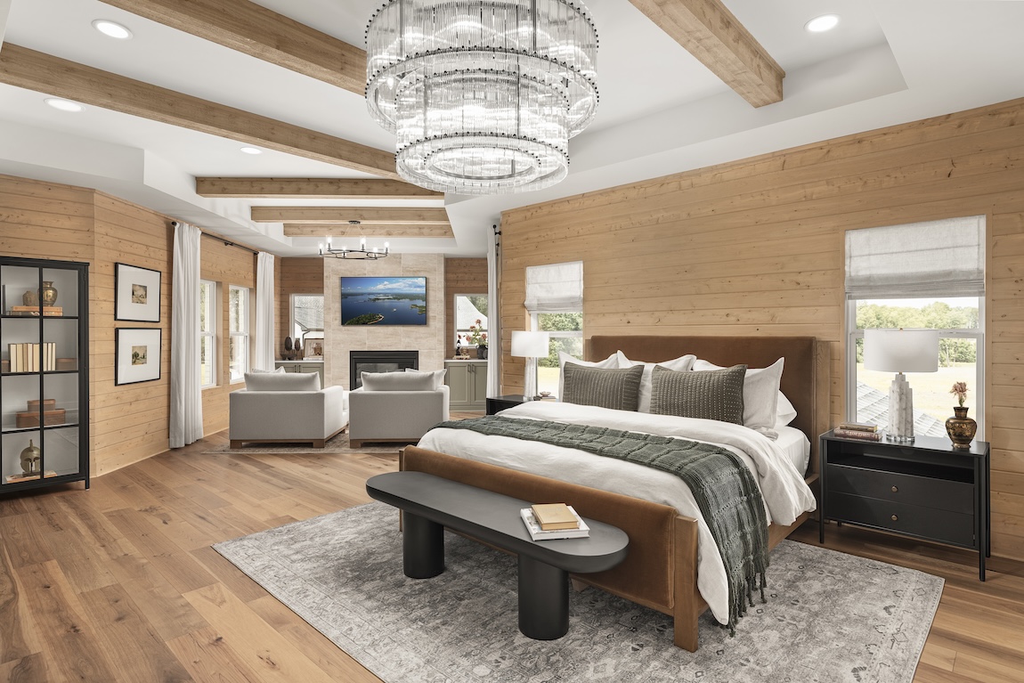 modern bedroom with wooden walls and a sitting area