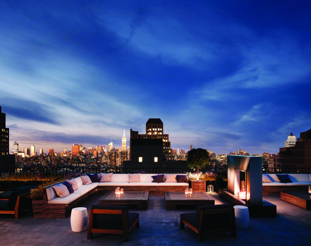 Rooftop terrace in a New York City condo building.