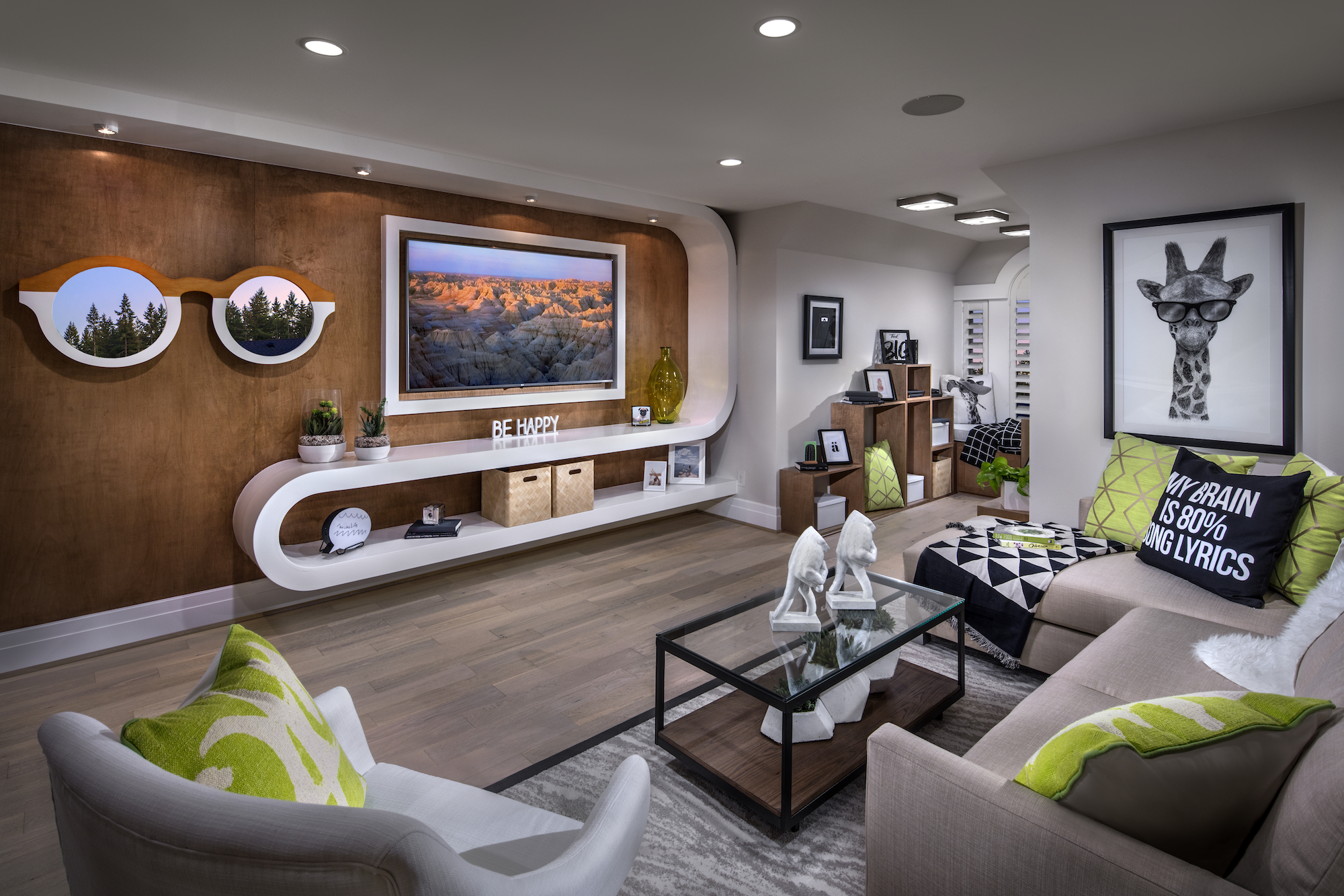 Modern living room with a wood wall.