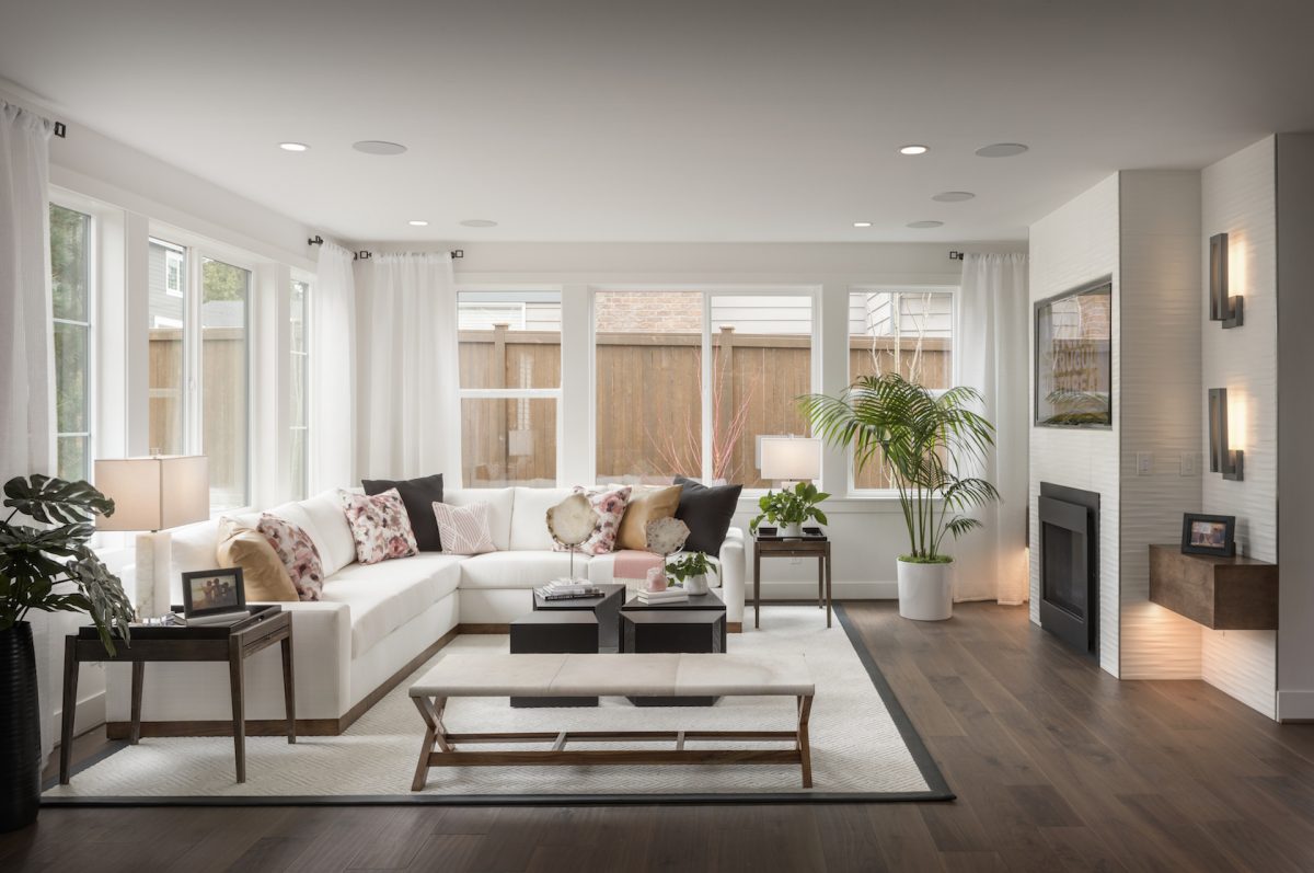 Living room with wood accents.