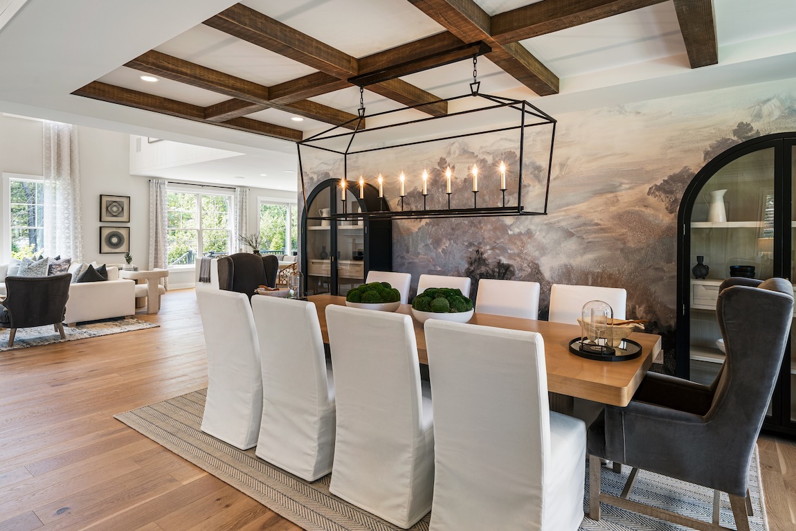 luxury dining room with statement lighting